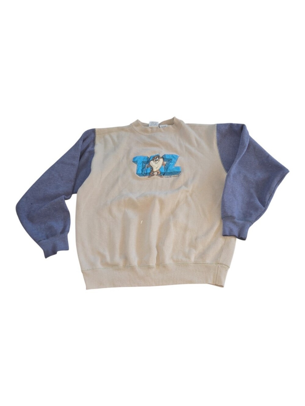 Vintage Beige Crewneck with Blue Sleeves and Tasmanian Devil Graphic Size Xl
